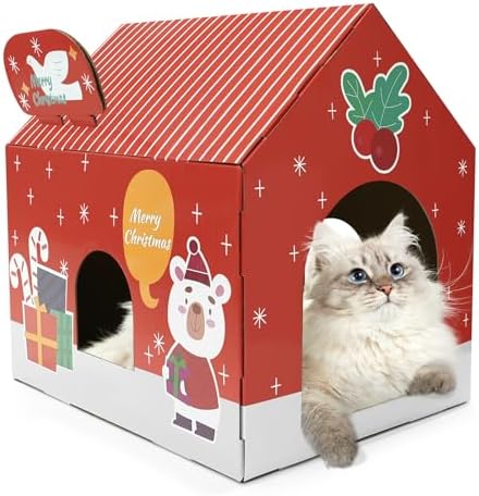 Christmas Cardboard Cat House with Scratching Pad (15"x12"x15") Cat Play House for Indoor Cats, Christmas Decorations Scratching Pad for Kitty