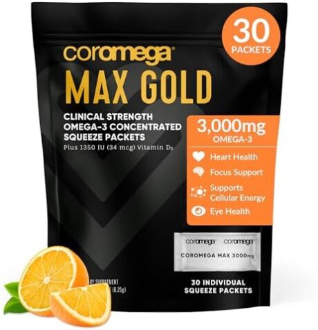 Coromega MAX Gold 3000mg Omega-3 Fish Oil + Vitamin D Squeeze Packets, Wild-Caught, No Fishy Taste - 3X Better Absorption Than Softgels, Supports Brain & Heart Health (30 Servings, Orange Flavor)