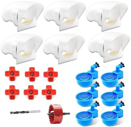 DIY Chicken Feeders and Waterers Set with 6 Ports,6 Chicken Water Cups,6 Chicken Waterer Nipples,No Waste Rain Proof Poultry Feeder Kit for Buckets, Barrels (Appearance Patent)