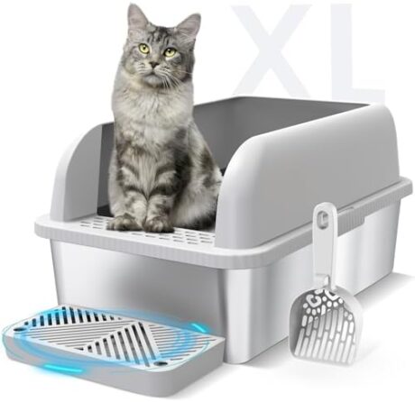 Enclosed Stainless Steel Cat Litter Box with Lid Extra Large Litter Box for Big Cats XL Metal Litter Pan Tray with High Wall Sides Enclosure, Non-Sticky, Anti-Leakage, Easy Cleaning