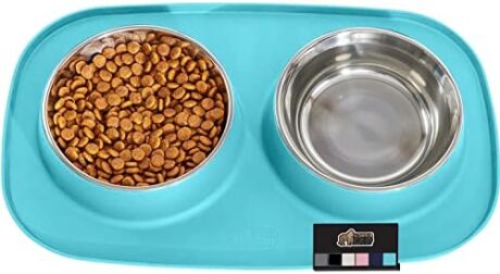 GORILLA GRIP 100% Waterproof BPA Free Cat and Dog Bowls Silicone Feeding Mat Set, Stainless Steel Bowl Slip Resistant Raised Edges, Catch Water, Food Mess, No Spills, Pet Accessories, 4 Cup, Turquoise