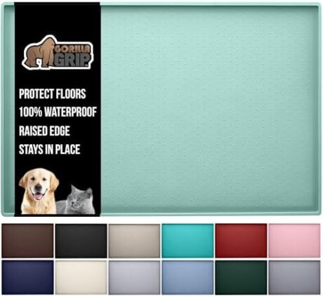 GORILLA GRIP 100% Waterproof Raised Edge BPA Free Silicone Pet Feeding Mat, Dog Cat Food Mats Contain Spills Protects Floors, Placemats for Cats and Dogs Water Bowl, Pets Accessories 16x10, Mint