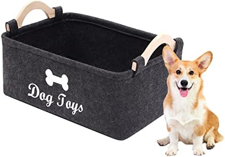 Geyecete Dog Toys Storage Bins - with Wooden Handle, Collapsible Pet Supplies Storage Basket Pet Supplies Storage Basket/Bin Kids Toy Chest Storage Trunk (Dark Grey)