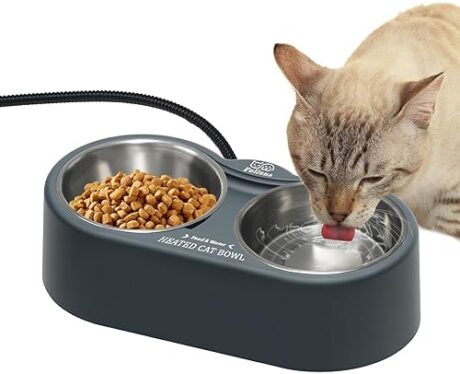 Heated Cat Bowl, Outdoor Heated Pet Bowl with Double Stainless Steel Bowl 24 OZ, Heated Water Food Bowl for Cat Pet, Thermal Pet Bowl Provide Drinkable Water and Hot Food in Winter