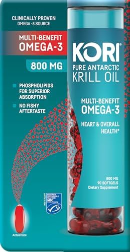 Kori Krill Antarctic Krill Oil Omega 3 Supplement, EPA & DHA, Krill Oil Supplements with Superior Absorption vs. Fish Oil, 800 mg, 90 softgels