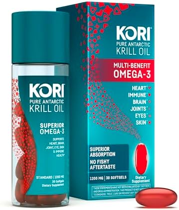 Kori Krill Oil Omega 3 Supplement, Antarctic Krill Oil with Superior Absorption vs Fish Oil, Krill Oil 1200mg Softgels, 30 Softgels, EPA & DHA