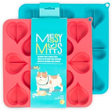 Messy Mutts Silicone Bake & Freeze Treat Making Mold | 2 Pack | 12 Heart Shaped 1 oz Molds | 9" x 9" Tray | Dishwasher, Freezer, Oven Safe | Blue/Watermelon