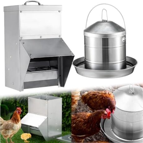 Mifoci Stainless Steel 2.4 Gallon Chicken Waterer and Galvanized Chicken Feeder 11.5lbs Chick Coop Feeder Poultry Feeder with Lid Weatherproof Poultry Food Dispenser Hanging Poultry Drinker for Duck