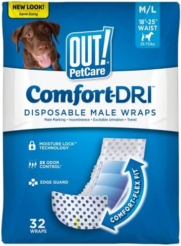 OUT! PetCare Disposable Male Dog Wraps, Male Wraps for Dogs, Pee Wraps, Belly Bands for Dogs, Leak Proof, Wetness Indicator, Puppy and Doggie Diaper for Peeing, Medium/Large, 32 Count