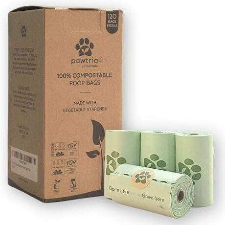 Pawtria Certified Home Compostable Dog Poop Bags (120 Bags), Biodegradable Poop Bags for Dogs, Cat Litter, Vegetable Starches, Eco-friendly Dog Waste Bags, Leakproof, Easy to Open, Give Back