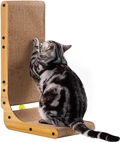 Poils bebe L Shape Cat Scratcher, 26.8 Inch Cat Scratchers for Indoor Cats, Protecting Furniture Cat Scratch Pad, Cardboard Cat Scratching with Ball Toy, Catnip, Large
