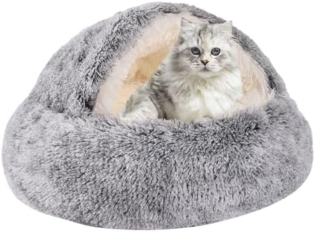 Round Hooded Cat Bed & Dog Bed with Cover Cave, Dog Bed for Small Dogs, Faux Fur Cuddler Round Coved Cat Bed Self Warming Donut Dog Bed Fits up to 12 lbs Pets (Gray, 20inch x 20inch)