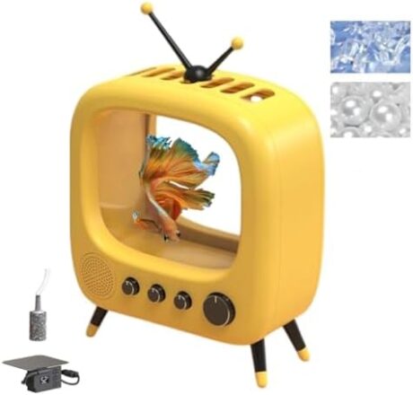 Small Betta Fish Tank,TV Shape Aquarium Tank Kit with LED Lighting Thermostatic Filter Stackable Beta Fish Tank Set,Fish Bowl (Yellow)