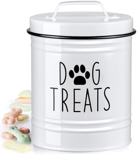 Small Dog Treat Container Airtight - 6" Tall X 4.9" Round White Dog Treat Jar for Kitchen Counter - Rustic Treat Storage Canister for Dogs, Cats, Small Animals - Gifts for Pet Owners