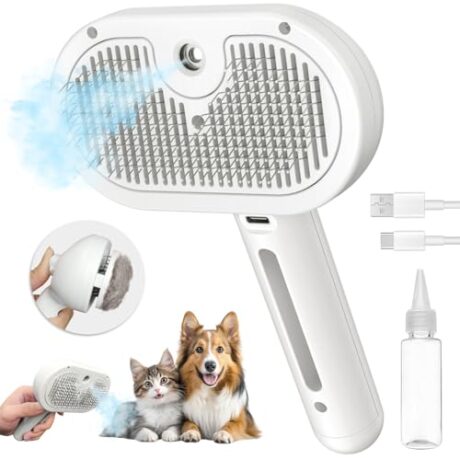 Steam Cat Brush for Shedding, 3 In 1 Steam Cat Brush Self Cleaning Dog Brush for Long and Short Hair Dogs and Cats Pet Grooming Brush Remove Tangled Loose Hair (White)