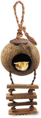 SunGrow Crested Gecko, Snake & Ball Python Coco Hut, Treat & Food Dispenser, Climbing Porch, Hiding, Ideal for Reptiles, Amphibians (with Ladder)