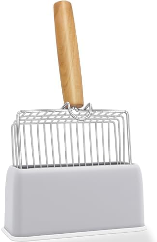 UFECODO Fast Sifting Cat Litter Scoop with Holder Stand, Stainless Steel Poop Scooper with Ergonomic Wood Handle, Heavy Duty and Easy Clean