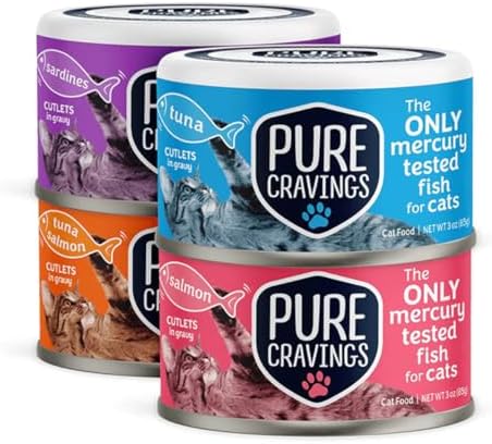 Wet Cat Food Variety Pack Tuna, Salmon, Sardines, Tuna/Salmon in Gravy, 100% Mercury-Tested, Moist Can Fish for Cats, Grain-Free, Protein, Non-GMO, Pack of 12