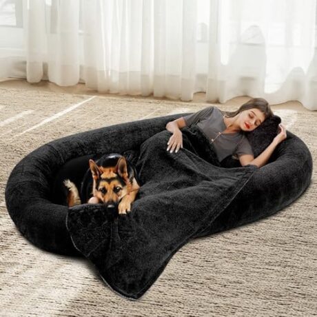 WhatsBedding Large Human Dog Bed: 6' Plush Memory Foam Human Size Dog Bed for People Adults,Soft Fur Oval Nap Beanbag Bed for Adults and Pets,Anti-Slip Base,6 Foot,Black