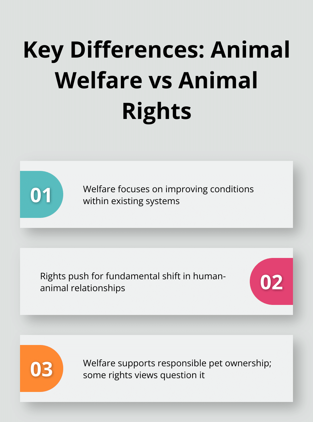 Chart comparing animal welfare and animal rights approaches: welfare focuses on improving conditions within existing systems, rights push for fundamental shift in human-animal relationships, welfare supports responsible pet ownership while some rights views question it. - animal welfare vs animal rights