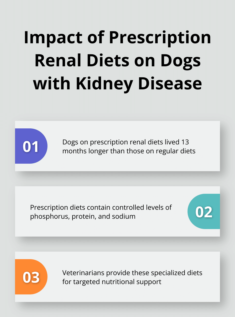 Ordered list chart showing three key points about prescription renal diets for dogs with kidney disease - dog food kidney health