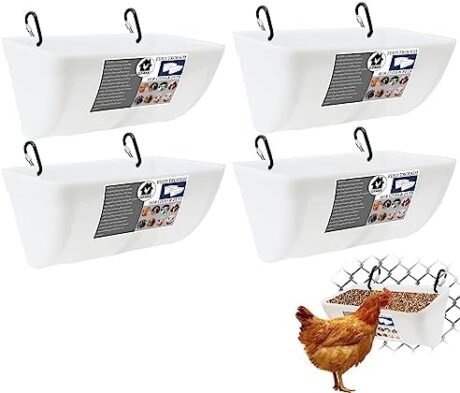 4 Pack Chicken Feeder Feed Trough with Clips Hanging Fence Feeders for Goat Duck Sheeple Piglets Horse Chicken Deer Goose, Pig Poultry Feed Trough Bucket Feeding Container for Livestock