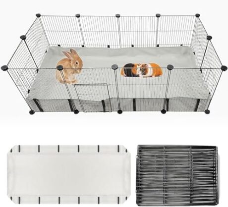 8 Square Guinea Pig Cage with Tarp Bottom, C&C Cage Habitats with PVC Liner, Small Pet Playpen and Cage Liners for Rabbit Guinea Pig Bunny Ferret Hedgehog 12 Panels 48" x 24" x 16", Grey