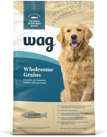 Amazon Brand - Wag Adult Premium Nutrition Dry Dog Food, Supports Stomach and Skin Health, Salmon and Brown Rice, 30 lb Bag