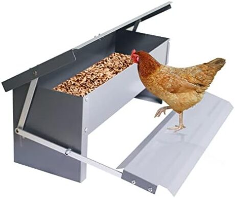 Automatic Chicken Feeder 5L Treadle Galvanized Steel Poultry Feeders Self-Opening Automatic Food, with Weatherproof Lid Rain Cover for Roosters Pheasant Chicken Outdoor Coop
