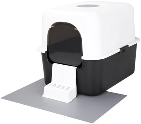 Cat Litter Box with Lid, Fully Enclosed Splash-Proof and Leak-Proof Urine High Edge and Odorless Cat Litter Box, Easy to Installation and Clean (Black with Pedal(S))