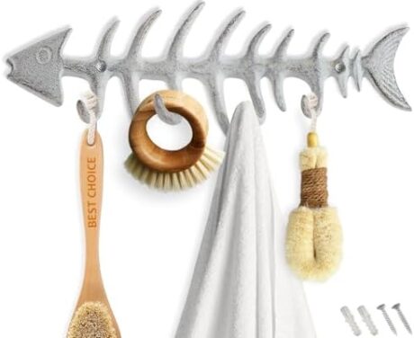 Comfify Decorative Fish Bones Wall Mounted Towel Rack Stylish Cast Iron Hanger with 4 “Fish Bones” Hooks for Towels, Robes and More - Includes Screws and Anchors - in Antique White