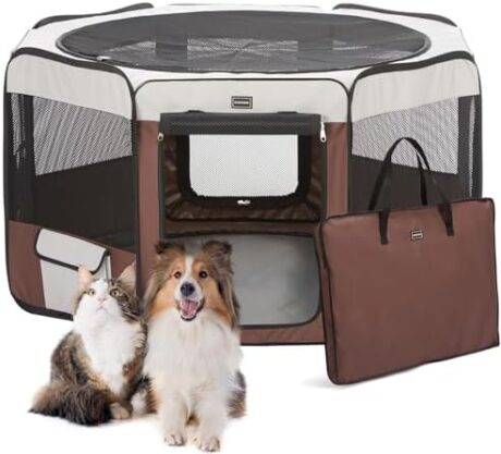 DONORO Dog Playpen 29" Portable Pet Play Pens for Small Dog/Cat/Rabbit/Chicks, Foldable Exercise Kennel Tent Crate Indoor/Outdoor Travel Camping, Removable Top/Bottom (Brown, Small (29"x29"x15"), 8)