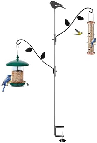 Deck Bird Feeder Pole with Hooks,42 Inch Bird Feeder Hanger Stand for Deck Bird Bath Feeding Station Kit, Porch Multi Hook Railing Hanging Kit for Attracting Wild Birds Planter Hanger…
