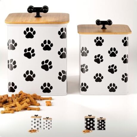 Dog Treat Container Airtight Set of 2 - 8x6 & 7x5 inch Iron Dog Treat Jars for Kitchen Counter with Airtight Bamboo Lids - 20 Cup Capacity Pet Treat Container Set - Doggie Cookie Jar - Treats Canister