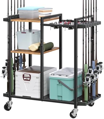 Fishing Rod Holder with Wheels, Movable Fishing Pole Rack Cart for 12 Rods, 3 Tier Fish Gear and Equipment Storage Organizer for Garage Living Room, Rustic Brown FRHR22201