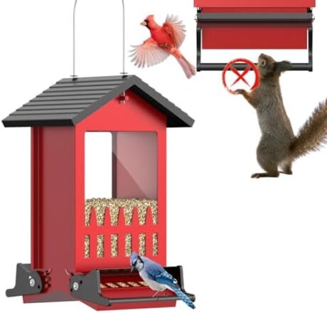 Hanging Bird Feeders for Outdoors Squirrel Proof, Gravity Protection Squirrel Proof Bird Feeders for Outside, 8lbs Large Capacity Metal Bird Feeder for Finch, Cardinal, Wild Bird etc-Red