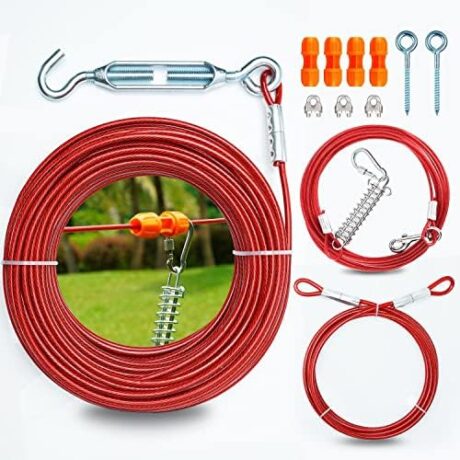 Heavy Duty Aerial Dog Tie Out Trolley System for Small to Large Dogs - Dog Run Cable 100ft /75ft Zipline with 10ft Runner Cable Great for Yard Camping Outdoor (Red, 100 ft for Two Dogs up to 250 lbs)