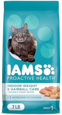 IAMS PROACTIVE HEALTH Adult Indoor Weight Control & Hairball Care Dry Cat Food with Chicken & Turkey Cat Kibble, 7 lb. Bag