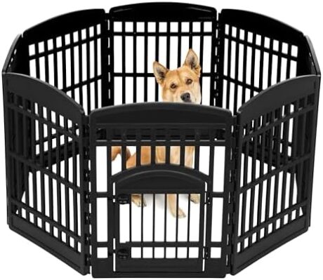 IRIS USA 34" 8-Panel Pet Dog Puppy Playpen with Door, For Medium and Large Dogs, Keep Pets Secure, Easy Assemble, Fold It Down, Easy Storing, Customizable, Black