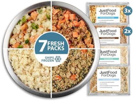 JustFoodForDogs Sensitive Skin & Stomach Frozen Dog Food (18 Ounce - 7 Pack), Human Quality Ingredients Ready to Serve Fresh Whole Ships Brown