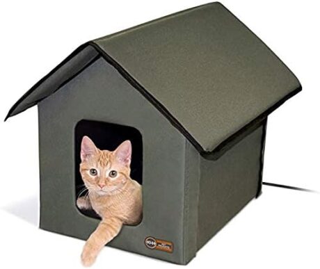 K&H Pet Products Heated Outdoor Cat House for Outside Pets in Winter, Weatherproof Outdoor House for Ferals, Insulated Kitty Shelter, 2 Doors, Waterproof Heated Cat Bed, Safety Listed - Olive/Olive