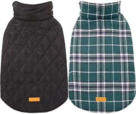 Kuoser Warm Dog Coat, Reversible Dog Jacket Waterproof Dog Winter Coat British Style Plaid Dog Clothes Pet Dog Cold Weather Coats Cozy Snow Jacket Vest for Small Medium Large Dogs Green S