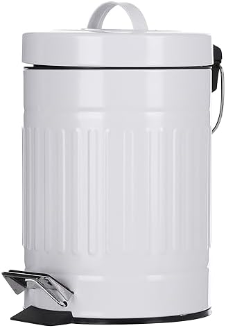 Mini Metal Pedal Bin, Round Step Pet Trash with Lid and Handle, Small Garbage Can Wastebasket for Narrow Spaces at Home, Car or Office, 0.8Gal/3L, White 9" X 6.75" X 11.25"
