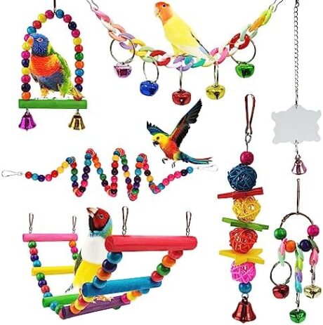 Parakeet Toys,7 Pcs Colorful Bird Toys for Parakeets,Pet Bird Cage Hammock Swing Climbing Ladders Chewing Toy Mirror Hanging Bell Wooden Perch for Budgerigar,Conures, Love Birds,etc