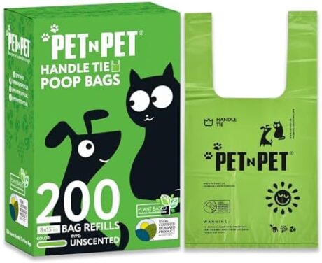 Pet N Pet 200 Counts Unscented Dog Poop Bags Rolls with Tie Handles, 38% Plant Based & 62% PE Poop Bags for Dogs, Extra-Thick Doggie Poo Bag, Pet Waste Bag