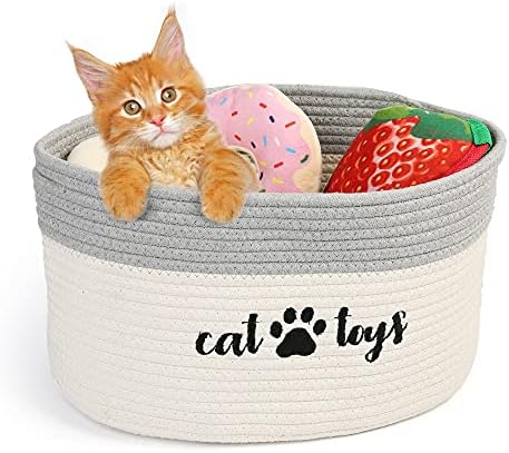 PrimePets Cat Toy Basket, Cotton Rope Storage Basket with Handles, Small Woven Pet Box Bin for Blankets, 15x10x9 inch Cat Holder Container, White and Grey
