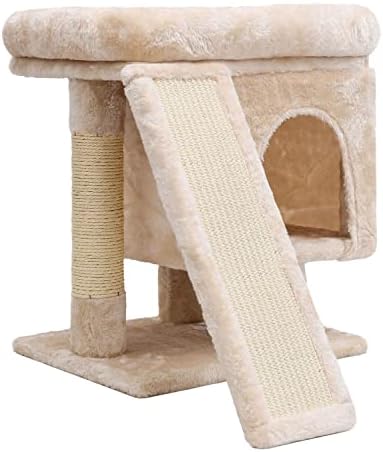 SYANDLVY Small Cat Tree for Indoor Large Cats, Kittens Condo with Scratching Post and Board, Modern Activity Tower with Cave (Beige)