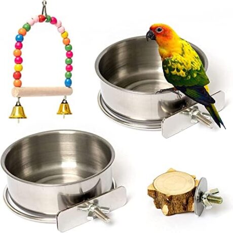 Stainless Steel Bird Feeder, Parrot Food Bowl Clamp Holder - 2 Pack Bird Perch Platform Stand