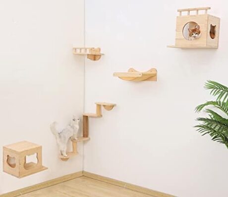 Wall Mounted Cat Shelves Wood Cat Wall Furniture Set for Indoor Climbing Playground with 2 House& Hammock & 4-Levels Ladder & 1 Cat Scratching Post