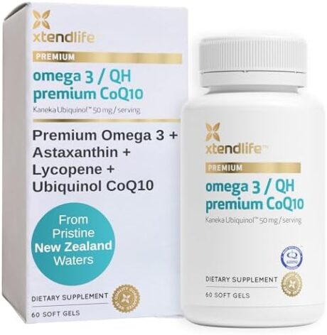 Xtendlife Omega 3 QH Premium CoQ10 Fish Oil - with DHA, EPA, and Ubiquinol - Includes Astaxanthin and Lycopene for Heart, Brain, Joint, and Skin Health - 1 Month Supply (60 Count)